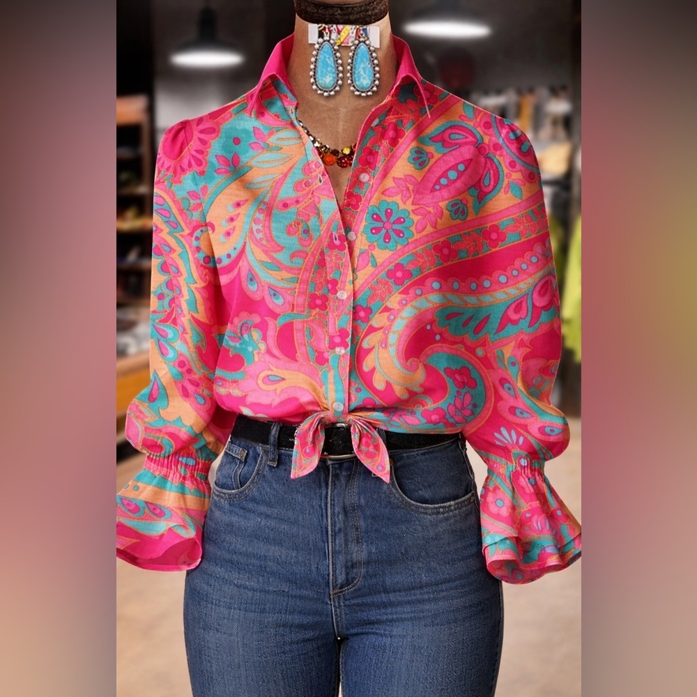 Vibrant Hot Pink, Teal, Light Blue Floral Women's Top Size L